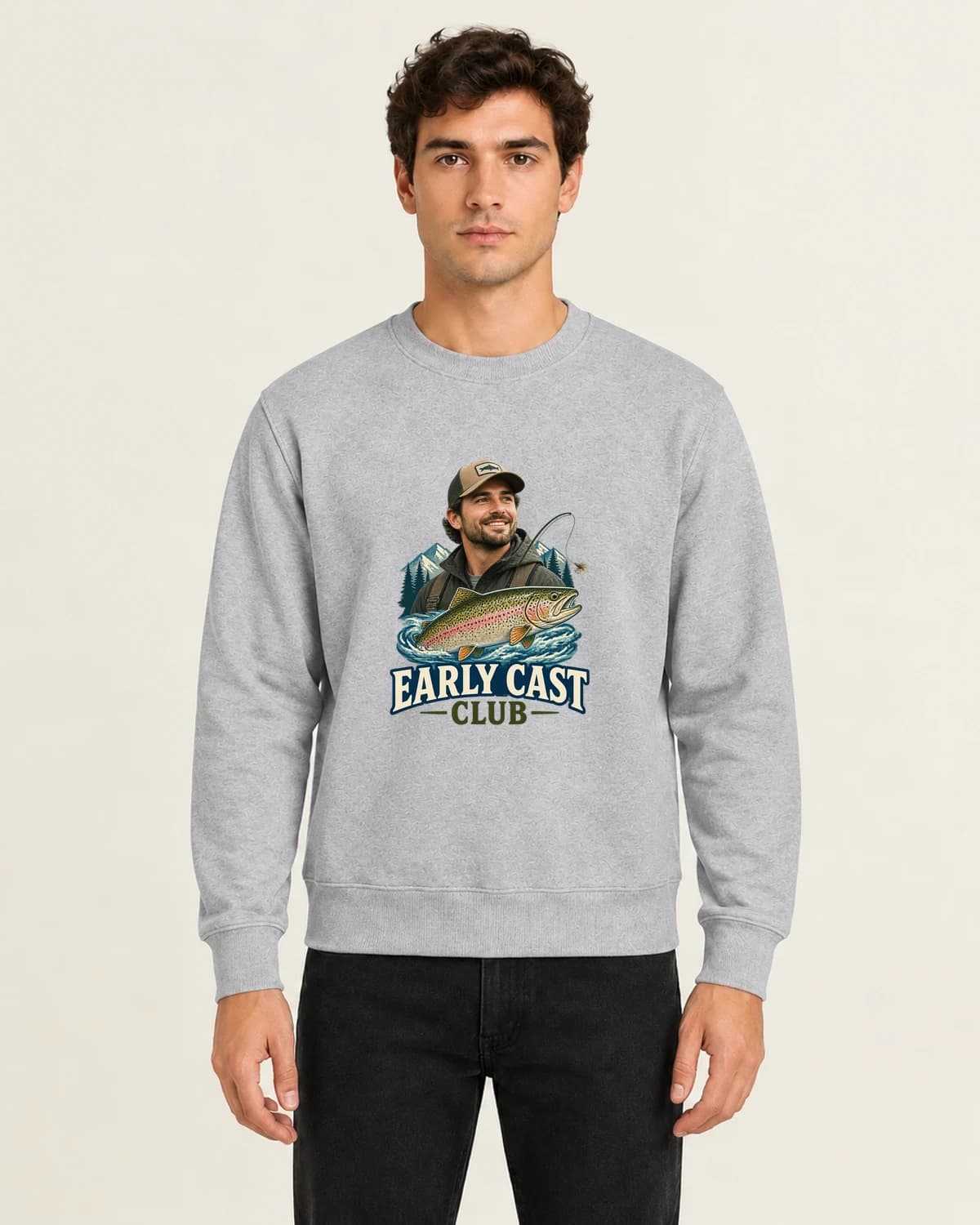 Fishing Day Face Club, men's 260gsm Gray; illustrative styling