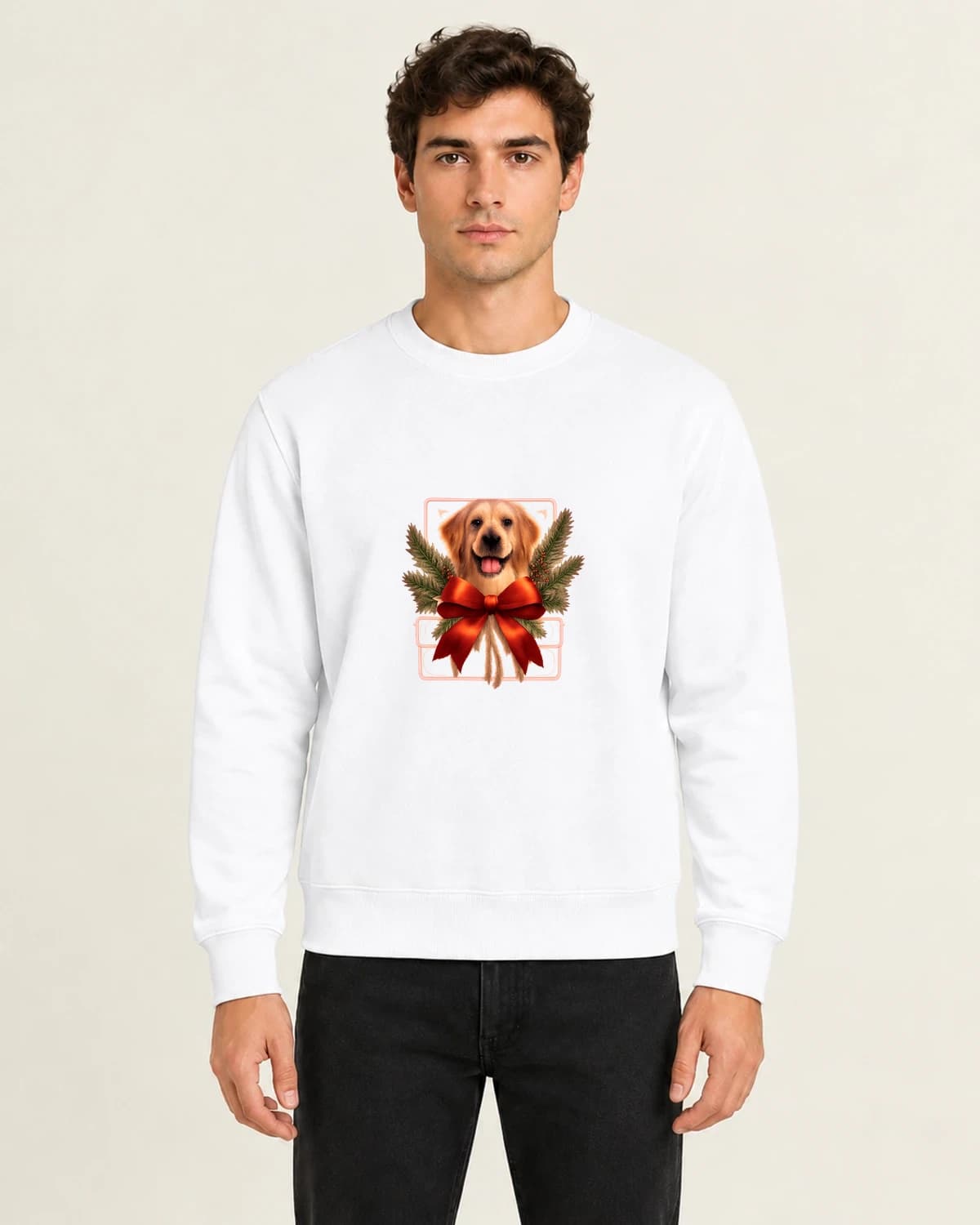 Christmas Dog Parcel, men's 260gsm White; illustrative styling