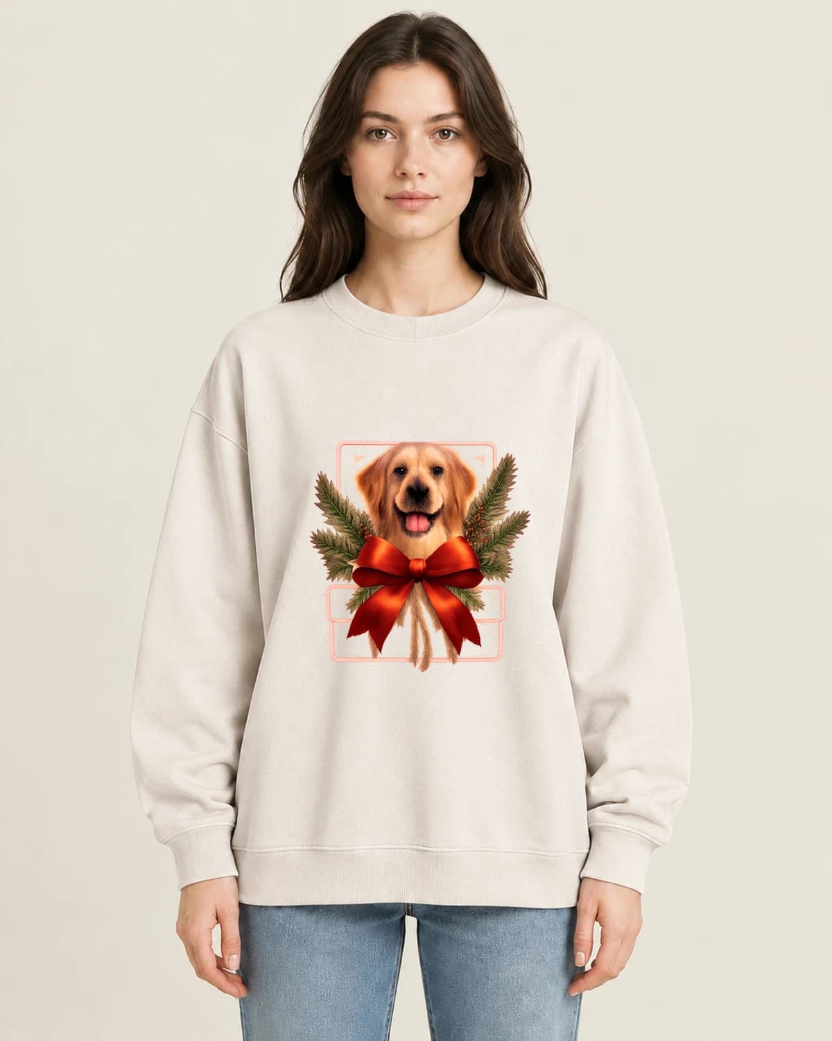 Christmas Dog Parcel on women's 220gsm Apricot crewneck; illustrative styling