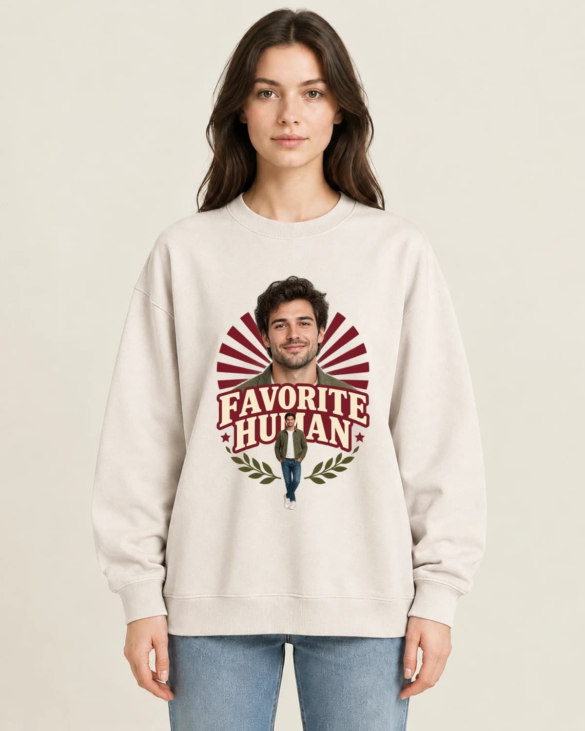 Sweatshirts With His Face: Favorite Human Solo Release on women's crewneck; illustrative styling