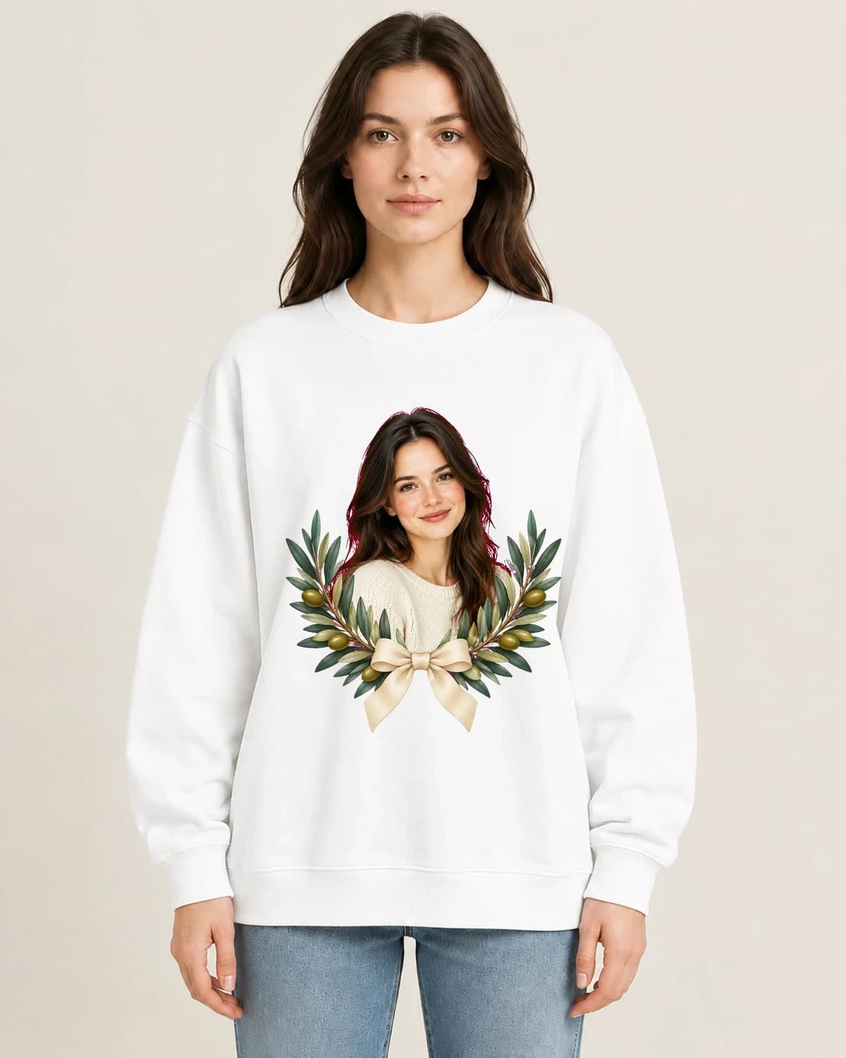 Olive Light Remembrance on women's 220gsm White crewneck; illustrative styling