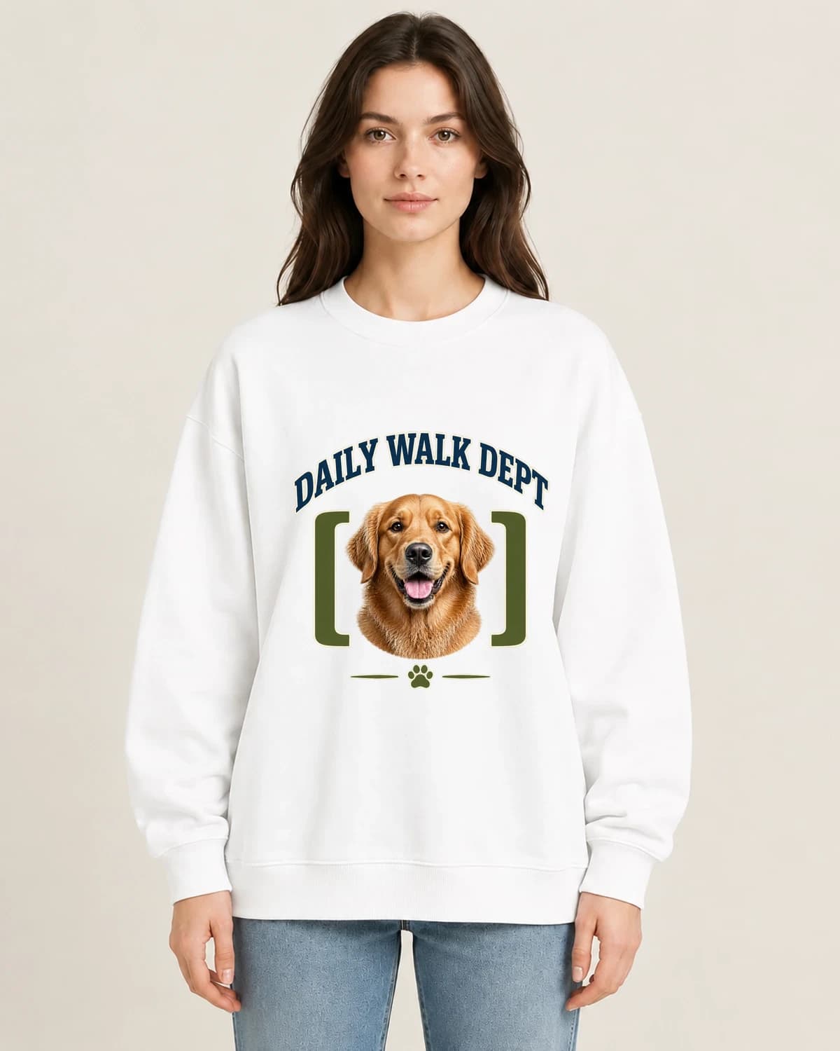 Daily Walk Department on women's 220gsm White crewneck; illustrative styling