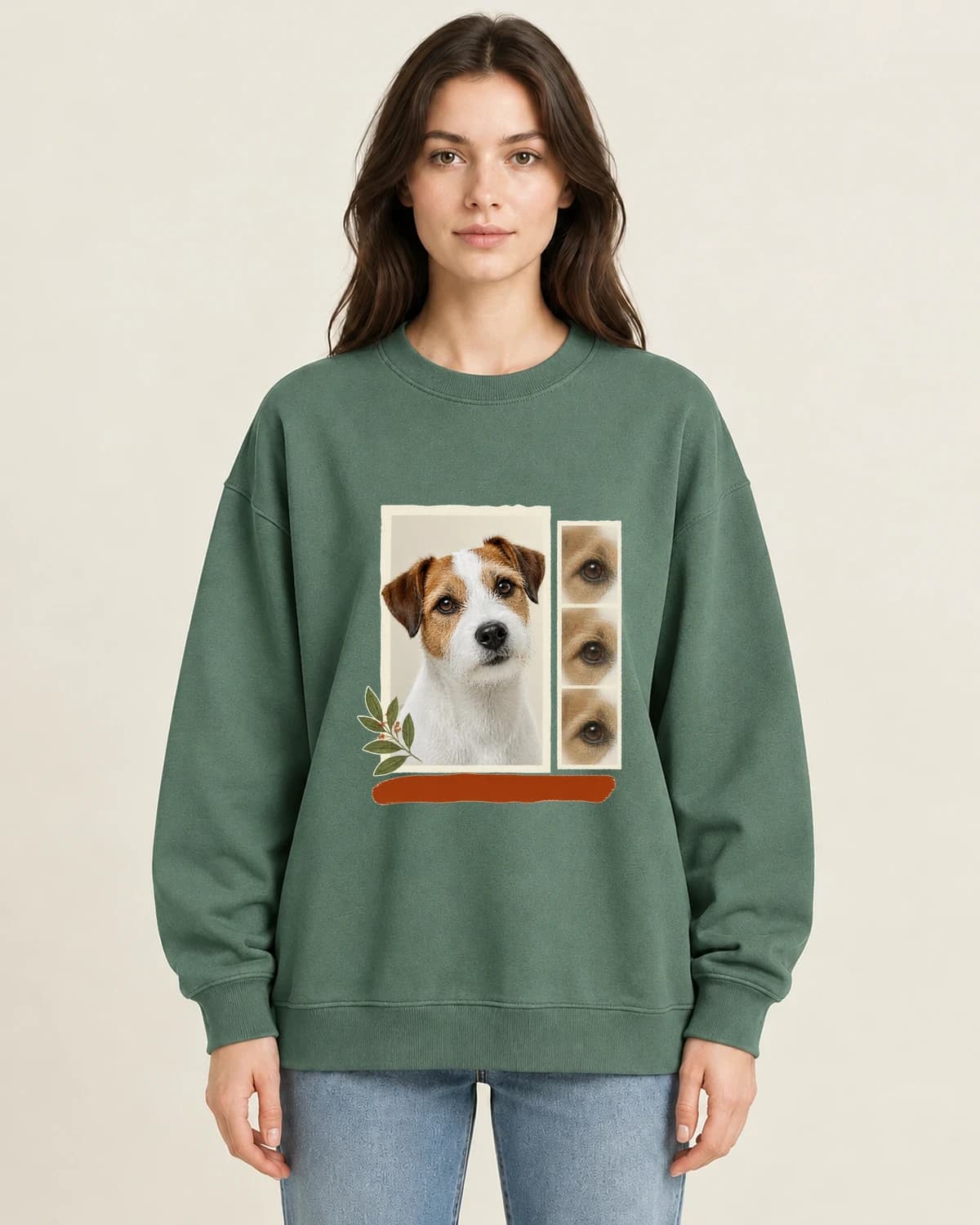 Terrier Sunday Post on women's 220gsm Army Green crewneck; illustrative styling