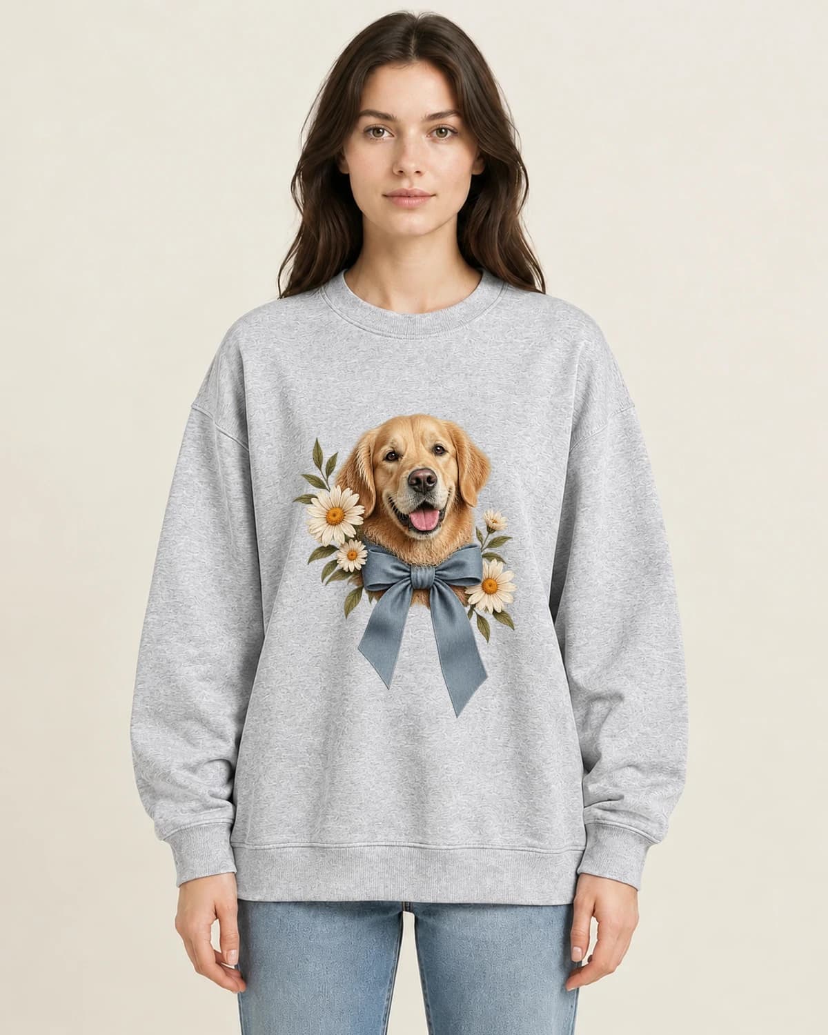 Ribbon Tied Companion on women's 220gsm Gray crewneck; illustrative styling
