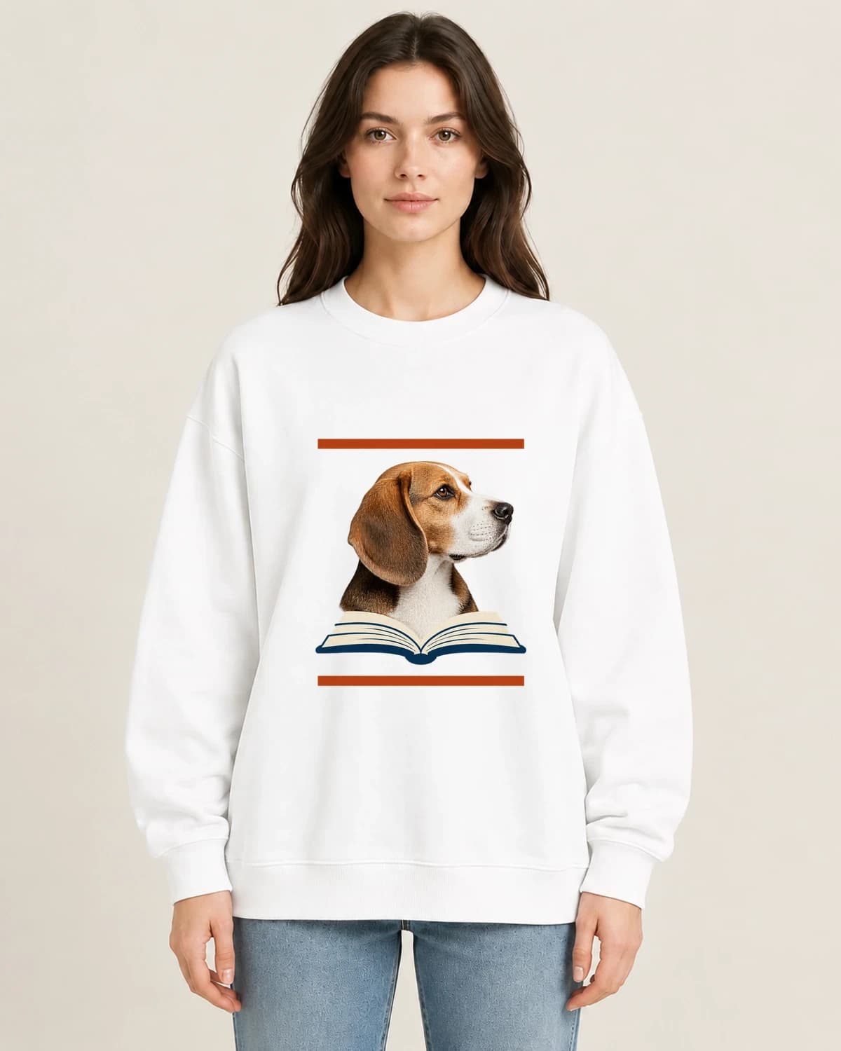 The Hound Reading Room on women's 220gsm White crewneck; illustrative styling