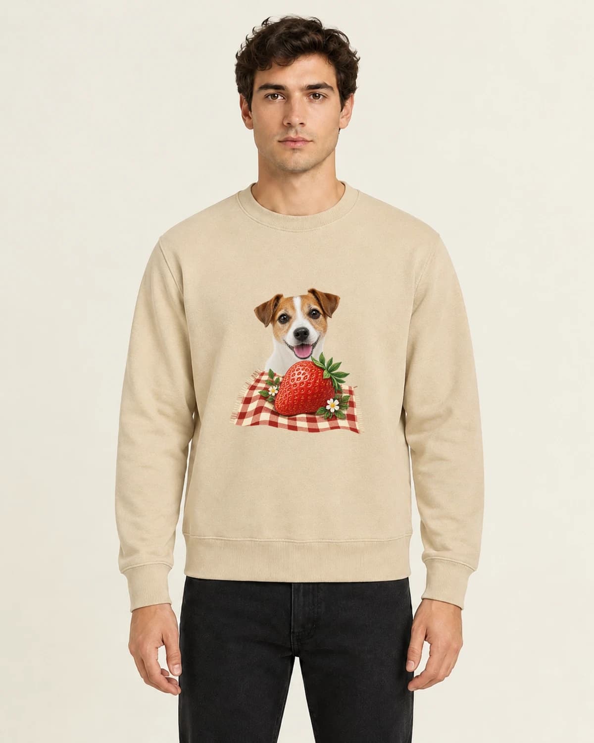 Small Dog Big Weekend, men's 260gsm Sand; illustrative styling