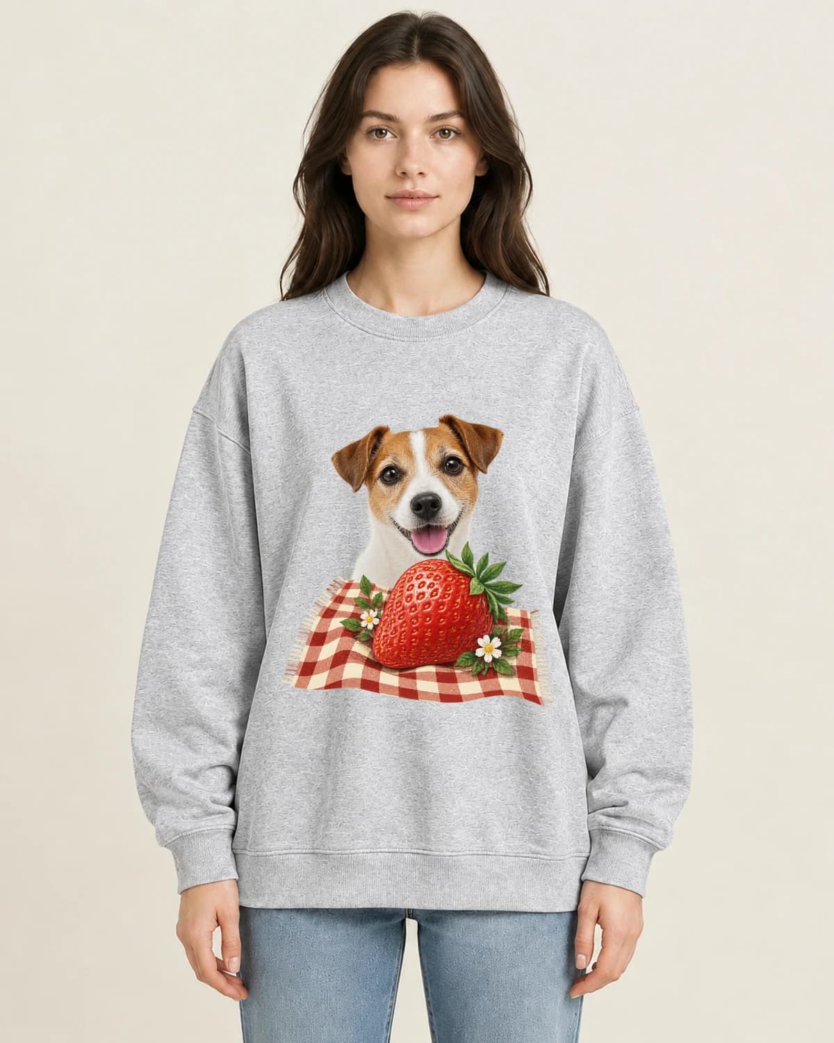 Small Dog Big Weekend on women's 220gsm Gray crewneck; illustrative styling