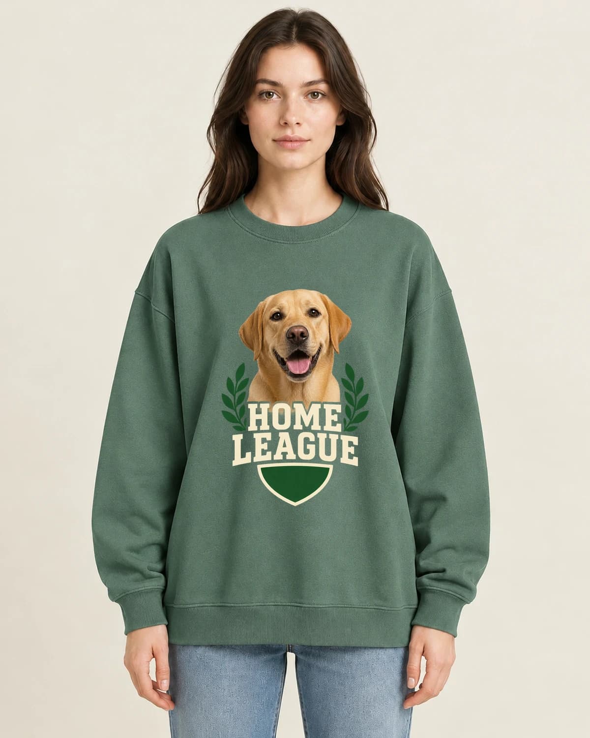 Labrador Home League on women's 220gsm Army Green crewneck; illustrative styling