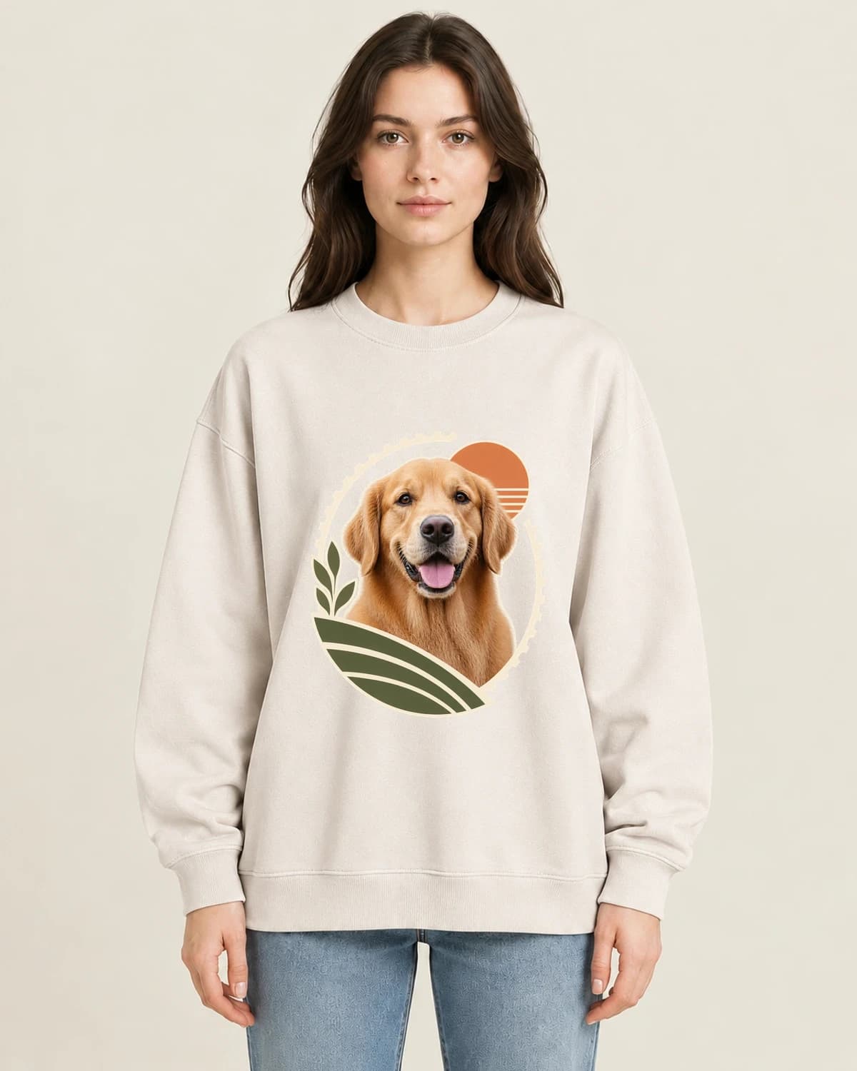 Retriever Field Stamp on women's 220gsm Apricot crewneck; illustrative styling