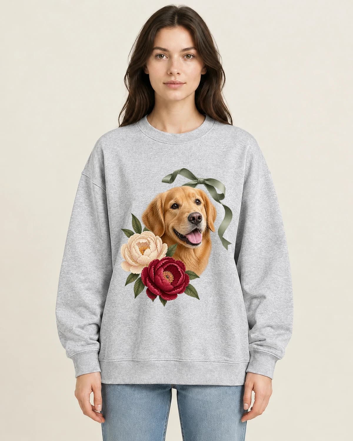 Dog Mom Photo Sweatshirts: Paws And Peonies on women's crewneck; illustrative styling