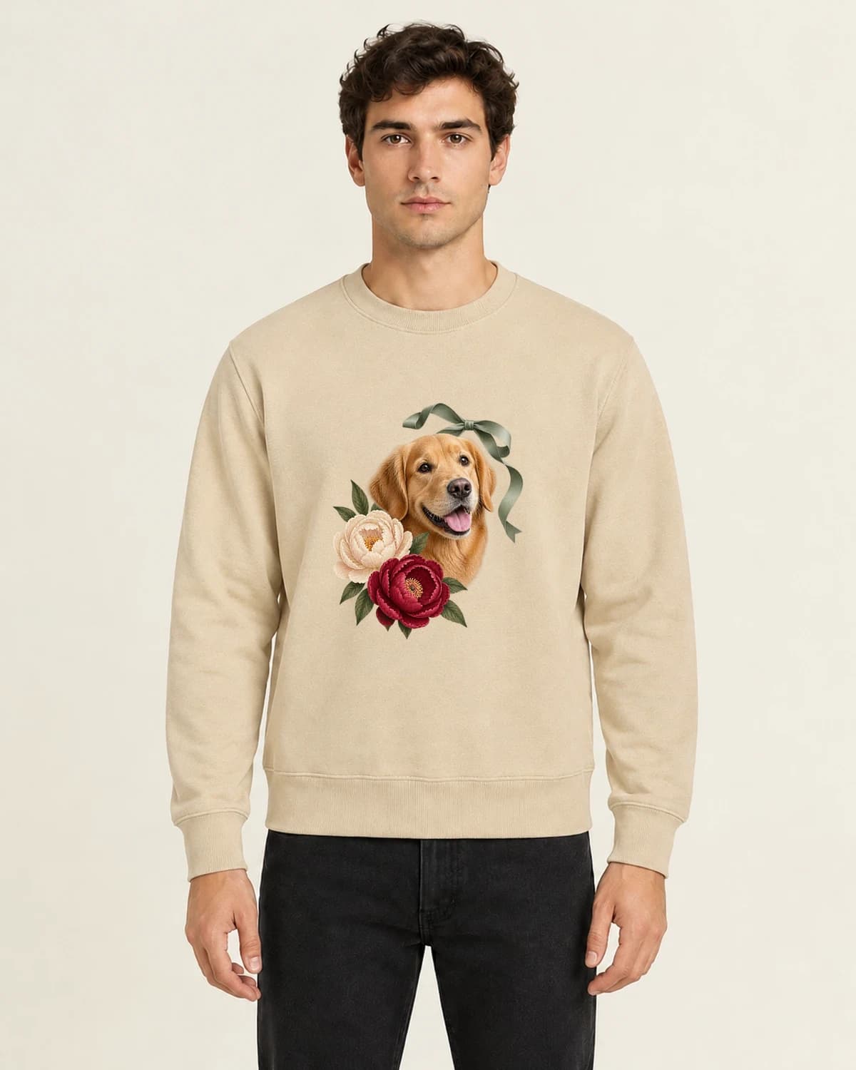 Paws And Peonies, men's 260gsm Sand; illustrative styling