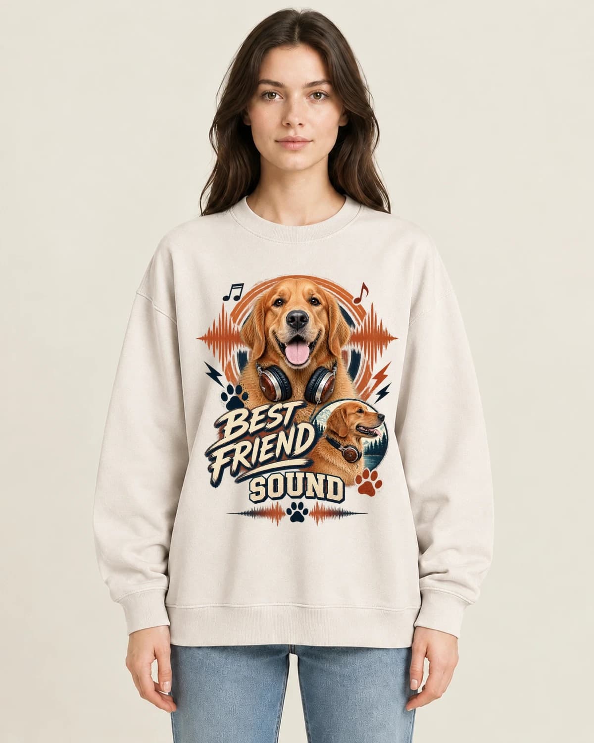 Best Friend Soundcheck on women's 220gsm Apricot crewneck; illustrative styling