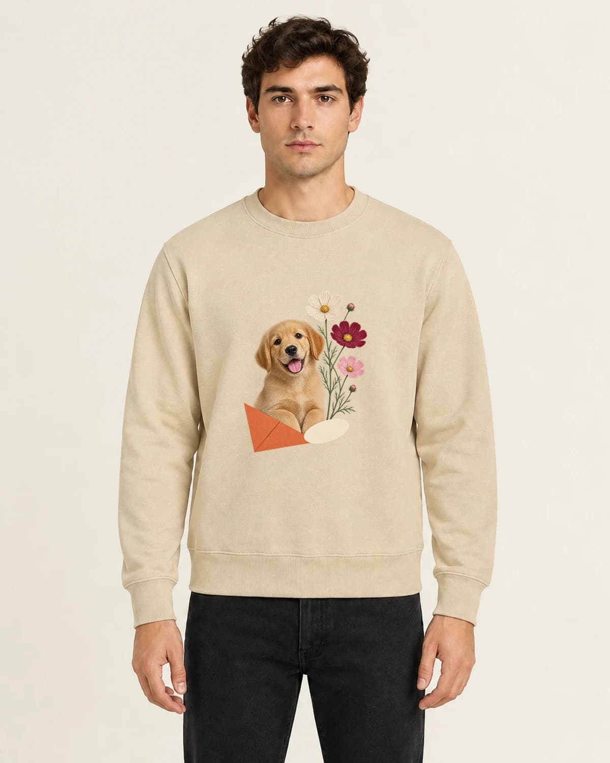 Puppy Garden Letter, men's 260gsm Sand; illustrative styling