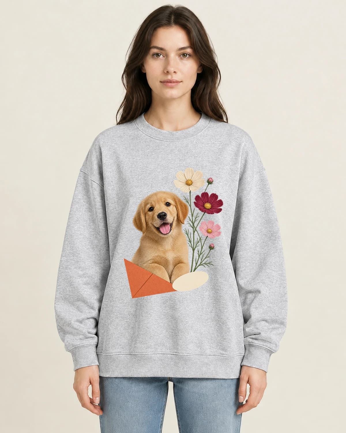 Puppy Garden Letter on women's 220gsm Gray crewneck; illustrative styling