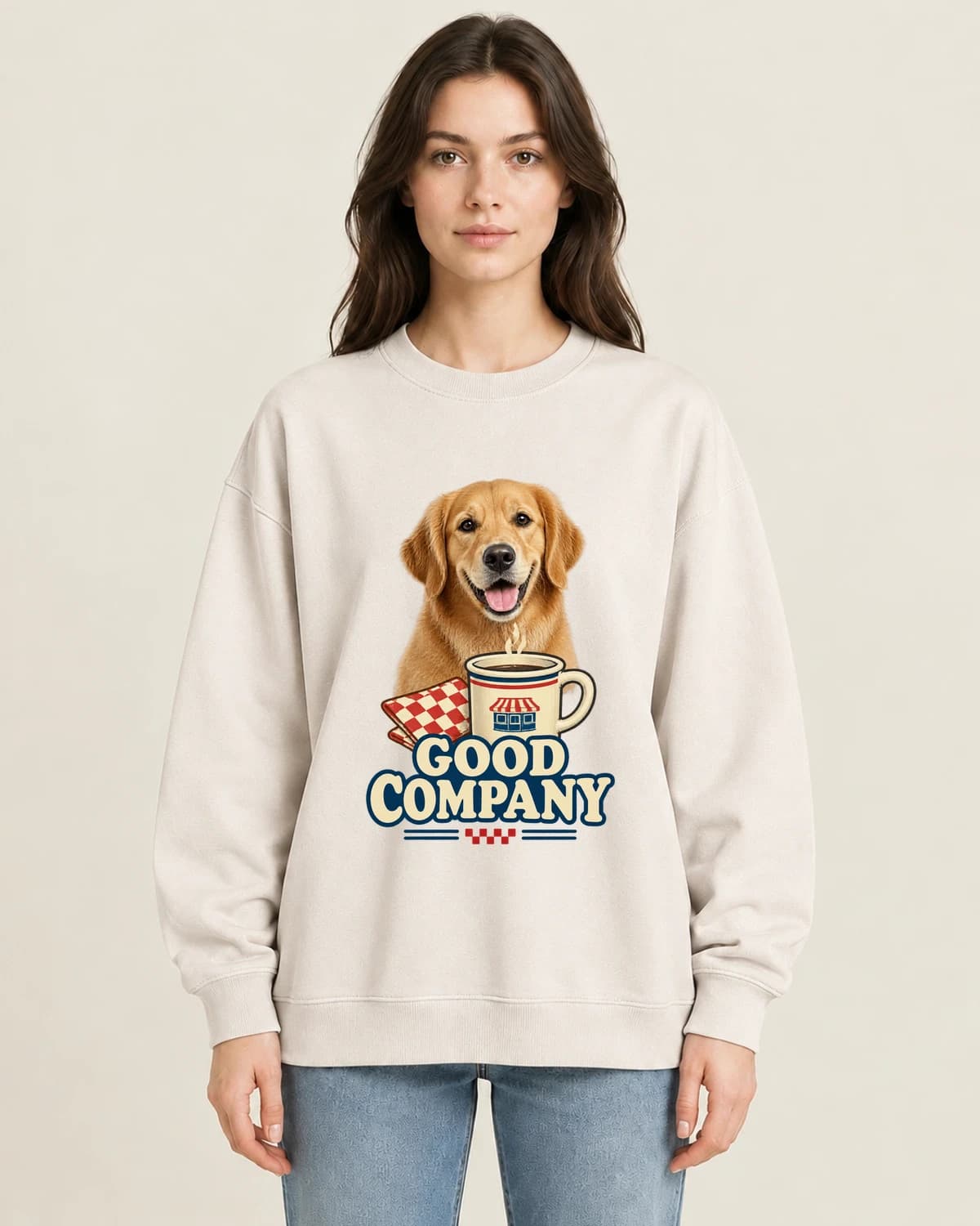 The Dog Diner on women's 220gsm Apricot crewneck; illustrative styling