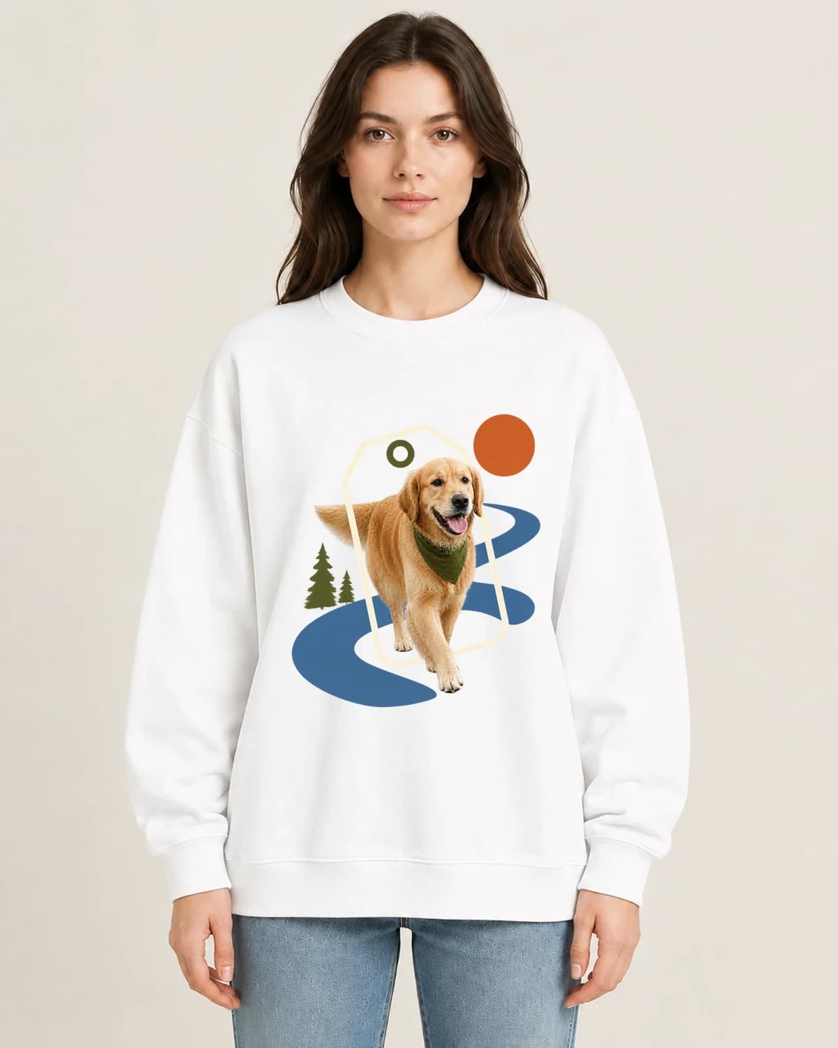 Companion Travel Label on women's 220gsm White crewneck; illustrative styling
