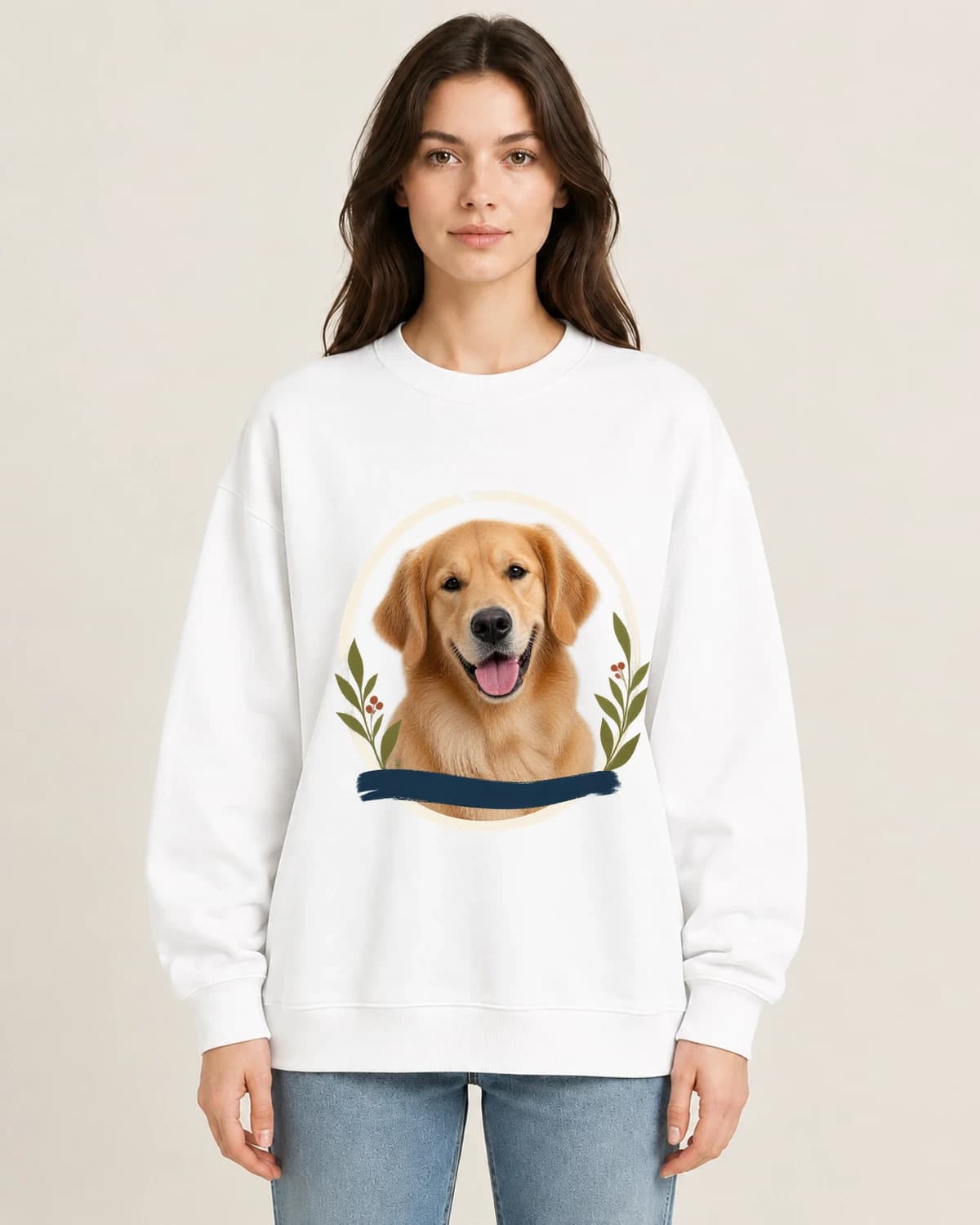 Quiet Canine Cameo on women's 220gsm White crewneck; illustrative styling