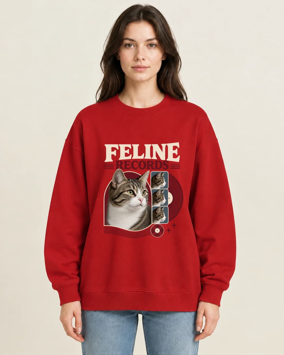 Feline Record Bureau on women's 220gsm Red crewneck; illustrative styling