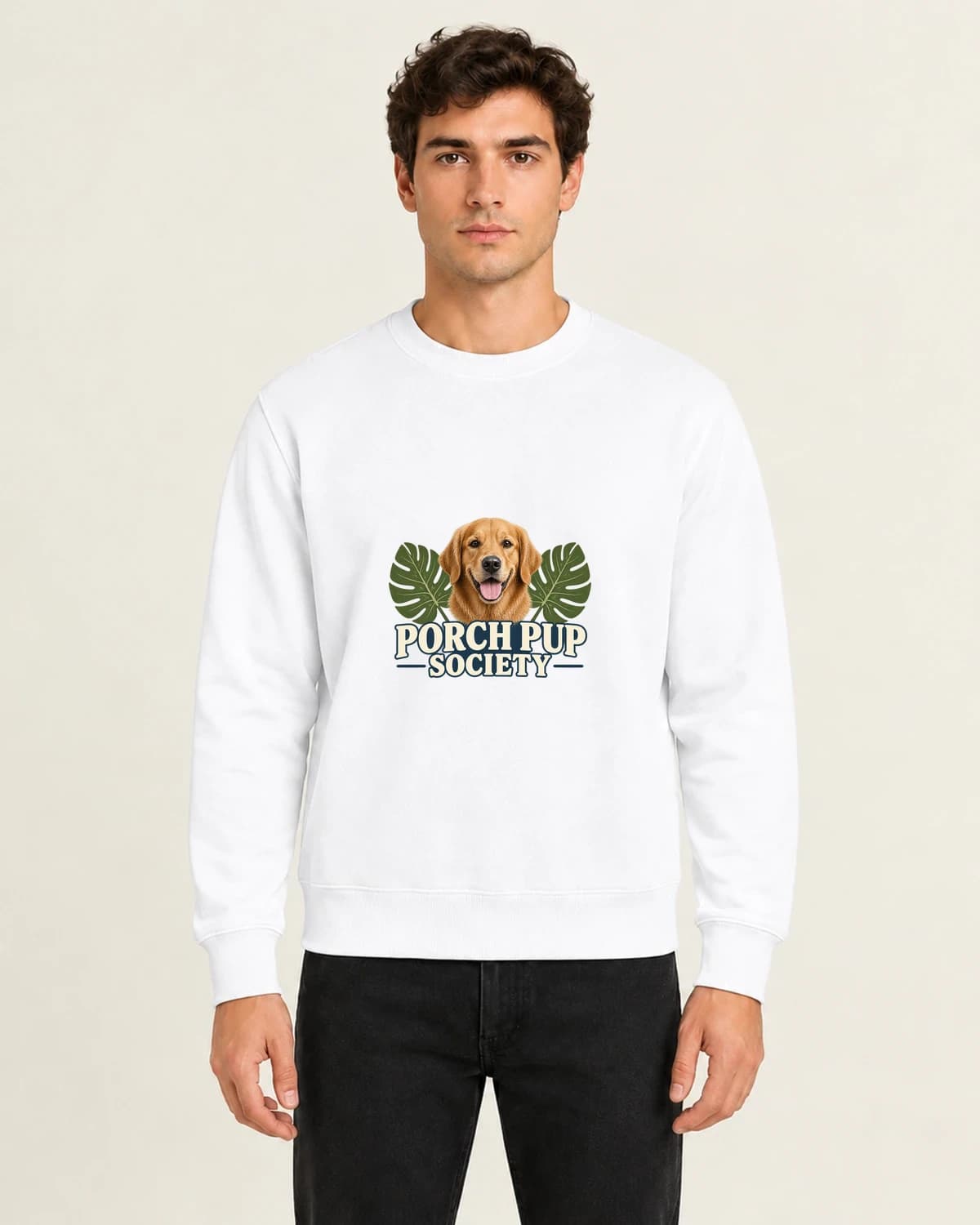 Porch Pup Society, men's 260gsm White; illustrative styling