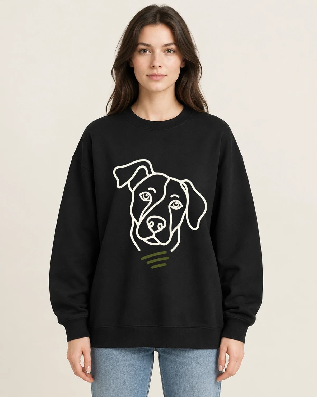 Dog Ear Study on women's 220gsm Black crewneck; illustrative styling