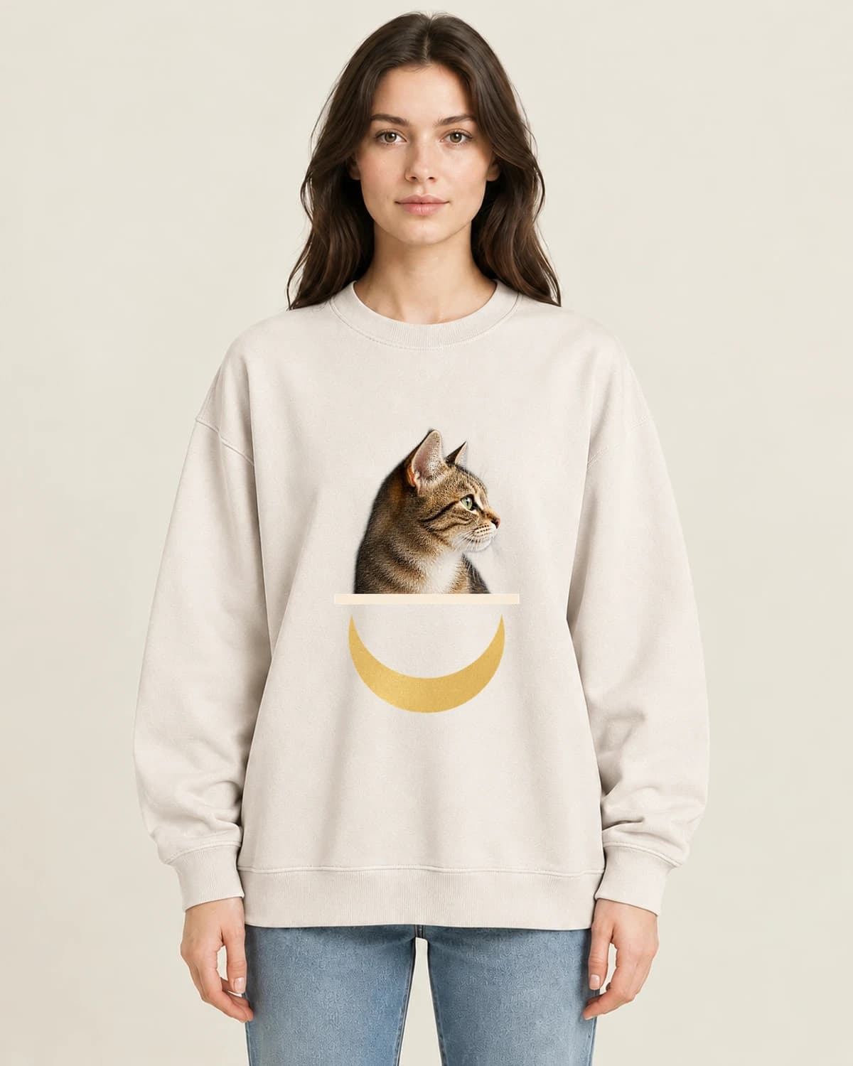 The Cat Quiet Hour on women's 220gsm Apricot crewneck; illustrative styling
