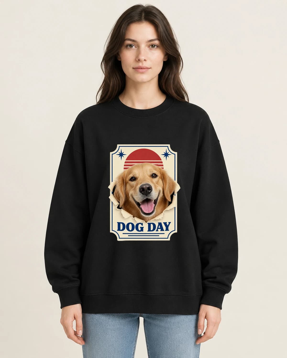 Dog Day Ticket Office on women's 220gsm Black crewneck; illustrative styling
