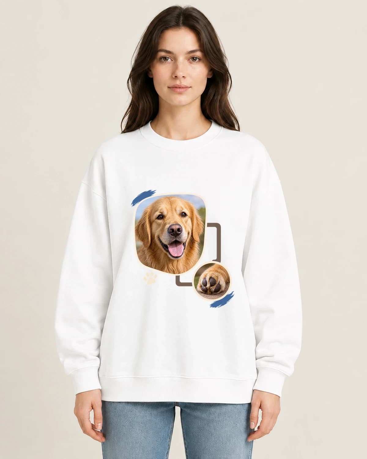 My Dog Contact Print on women's 220gsm White crewneck; illustrative styling
