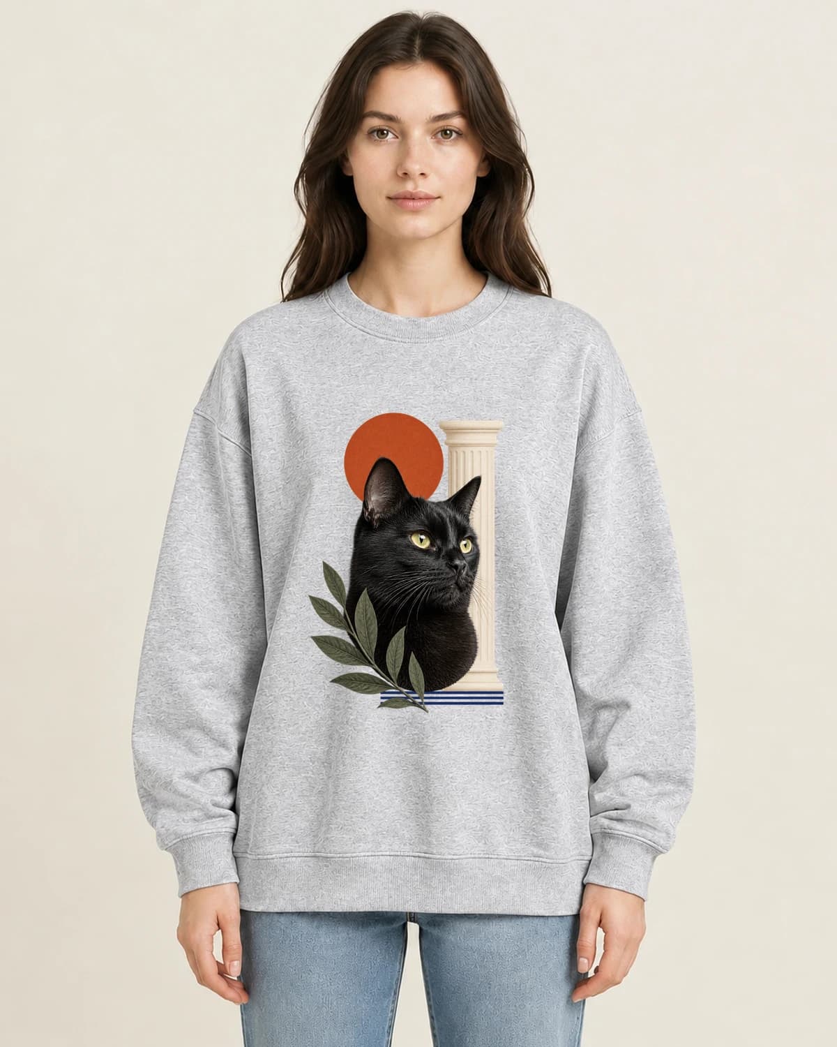 Velvet Paw Press on women's 220gsm Gray crewneck; illustrative styling