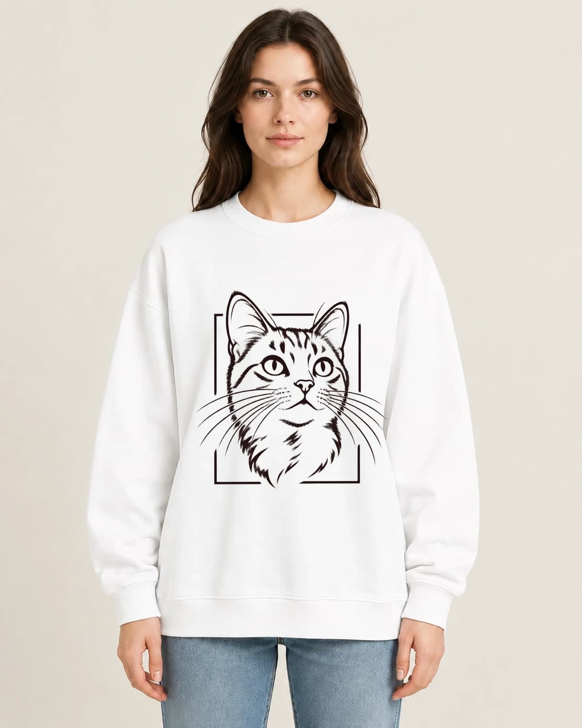 Whisker Ink Monograph on women's 220gsm White crewneck; illustrative styling