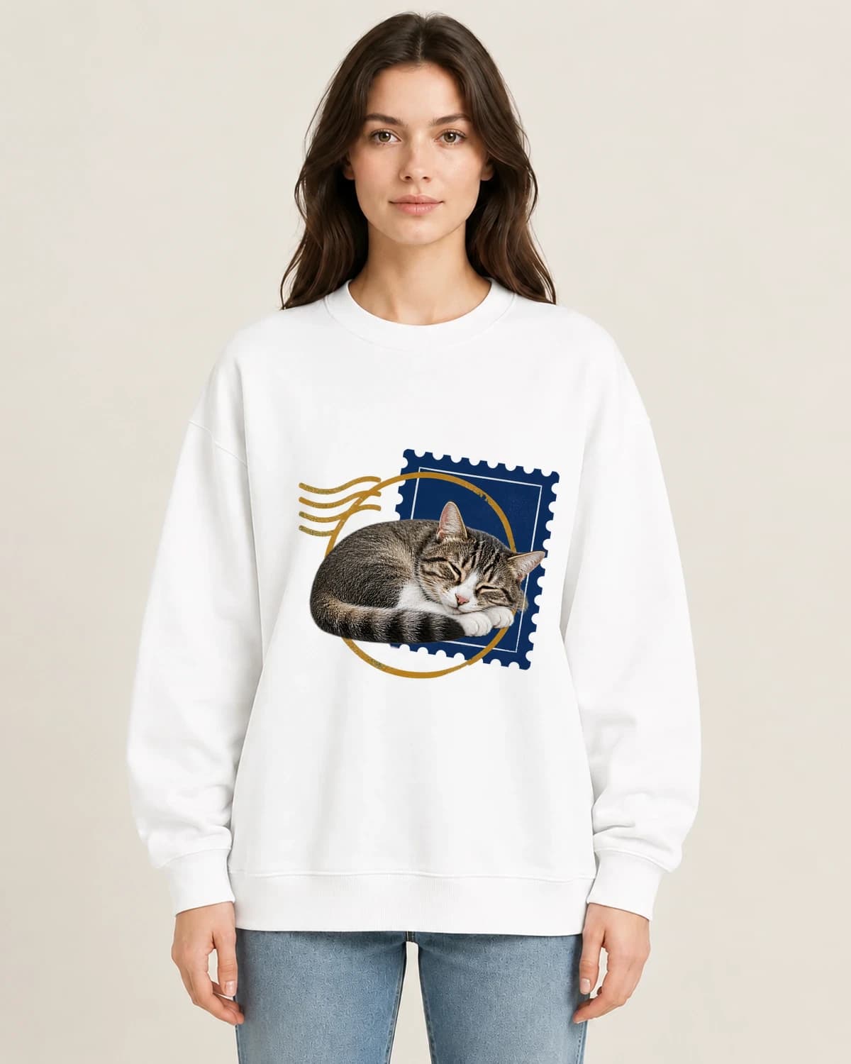 Cat Nap Postmark on women's 220gsm White crewneck; illustrative styling