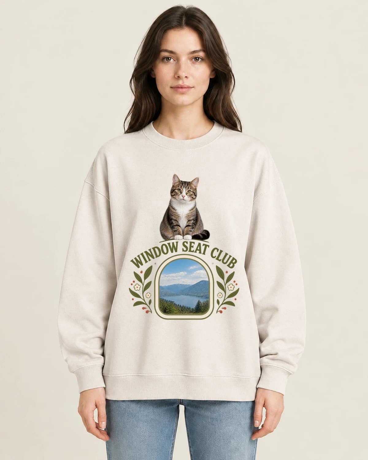 Window Seat Cat Club on women's 220gsm Apricot crewneck; illustrative styling