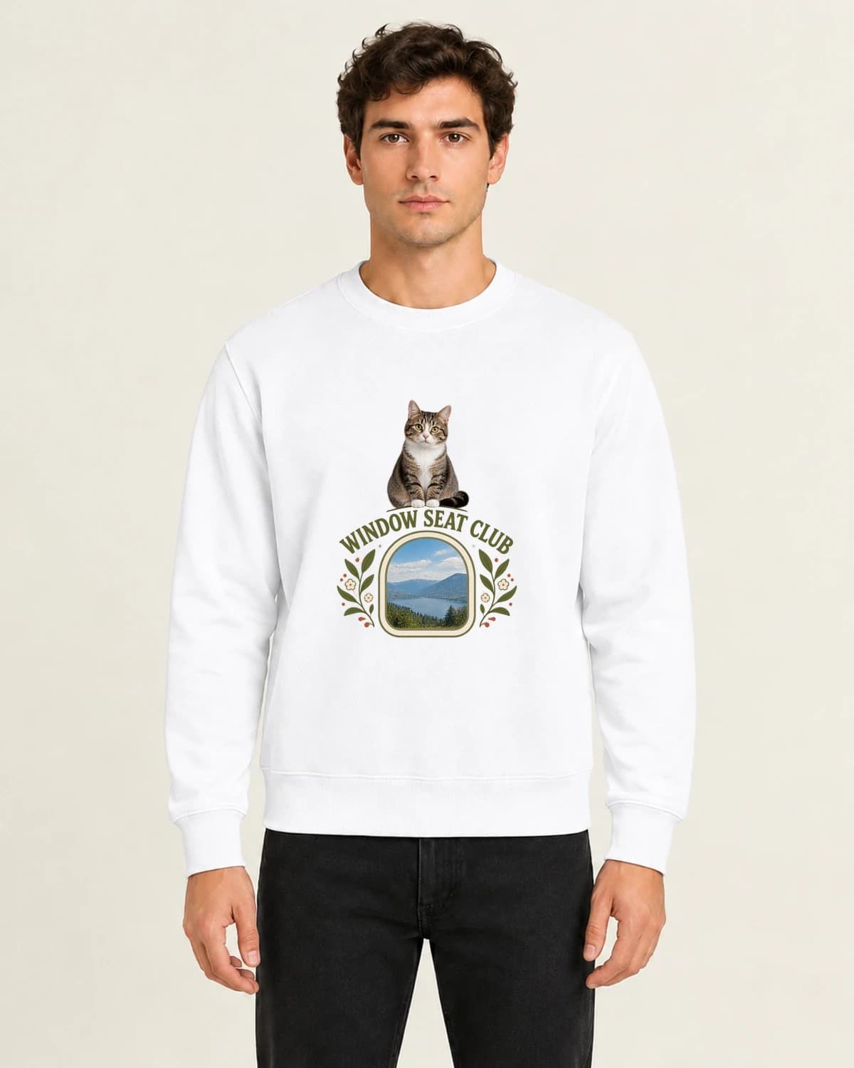 Your own club: Window Seat Cat Club on men's crewneck; illustrative styling