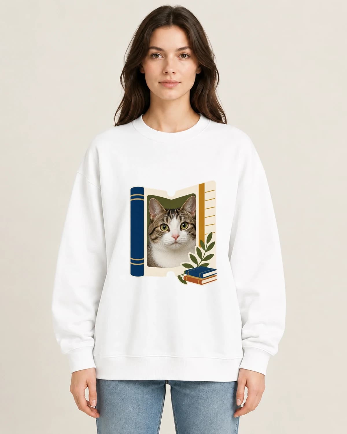 Feline Library Card on women's 220gsm White crewneck; illustrative styling