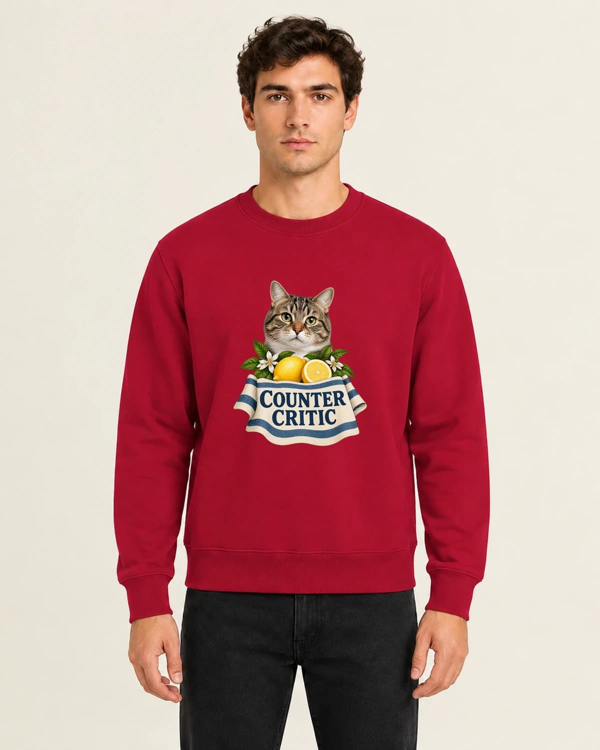 Kitchen Counter Critic, men's 260gsm Red; illustrative styling