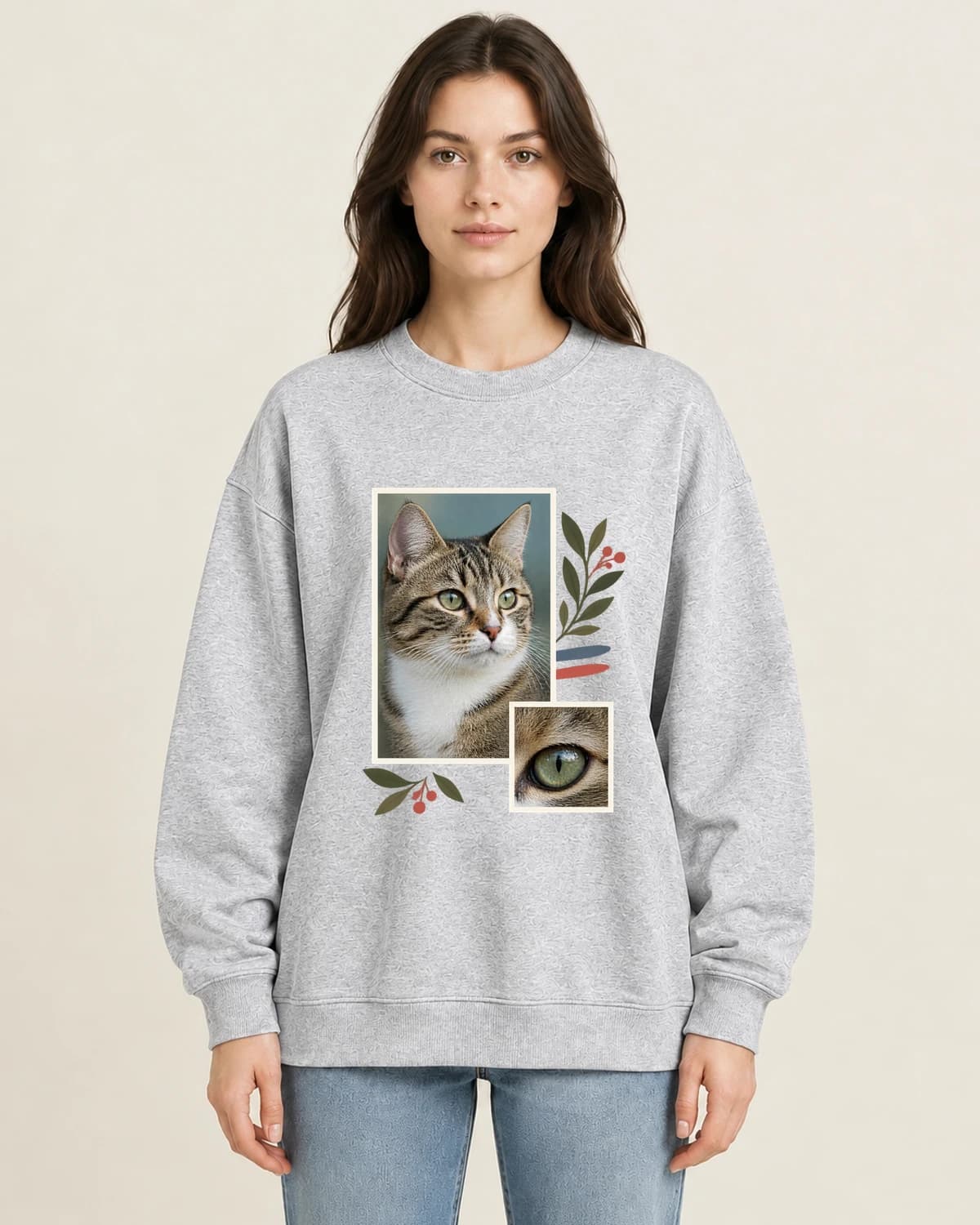 Feline Photo Ledger on women's 220gsm Gray crewneck; illustrative styling