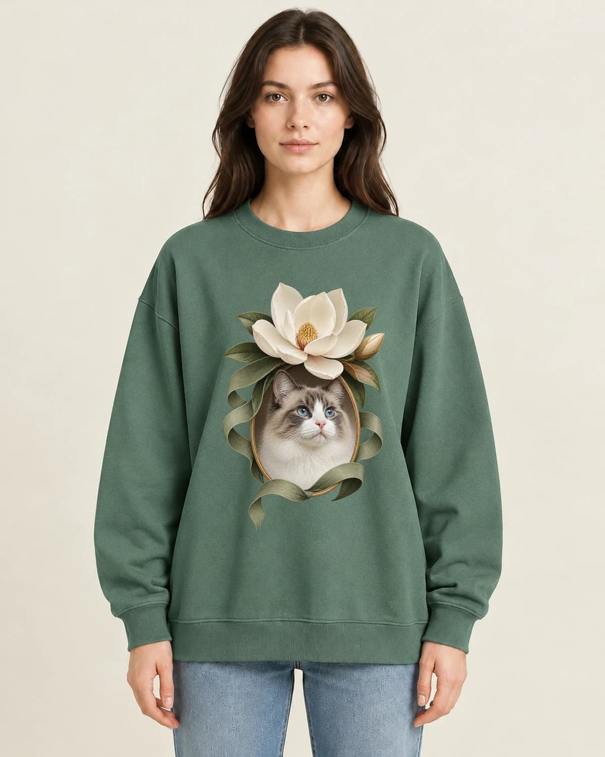 Magnolia Whiskers on women's 220gsm Army Green crewneck; illustrative styling