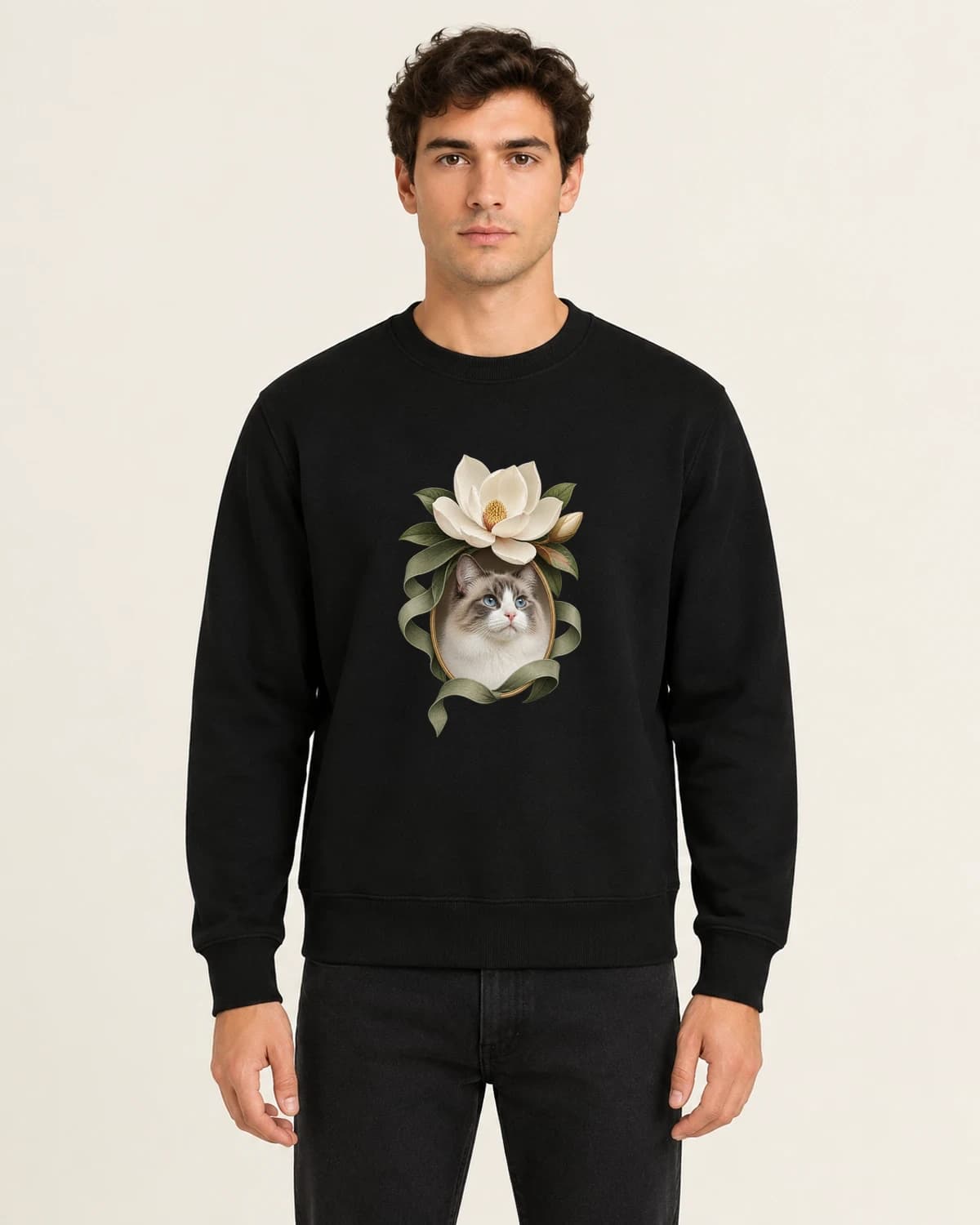 Magnolia Whiskers, men's 260gsm Black; illustrative styling