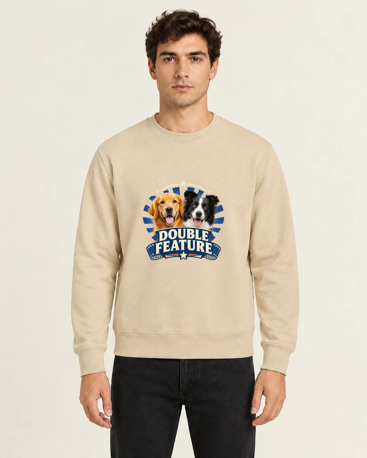 Canine Double Feature, men's 260gsm Sand; illustrative styling