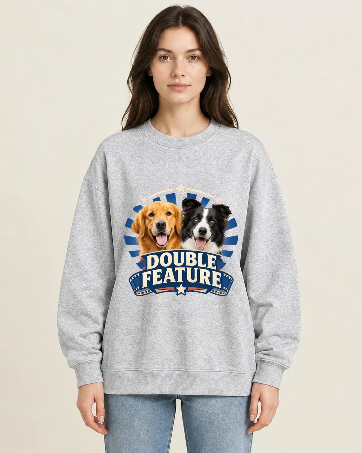 Canine Double Feature on women's 220gsm Gray crewneck; illustrative styling