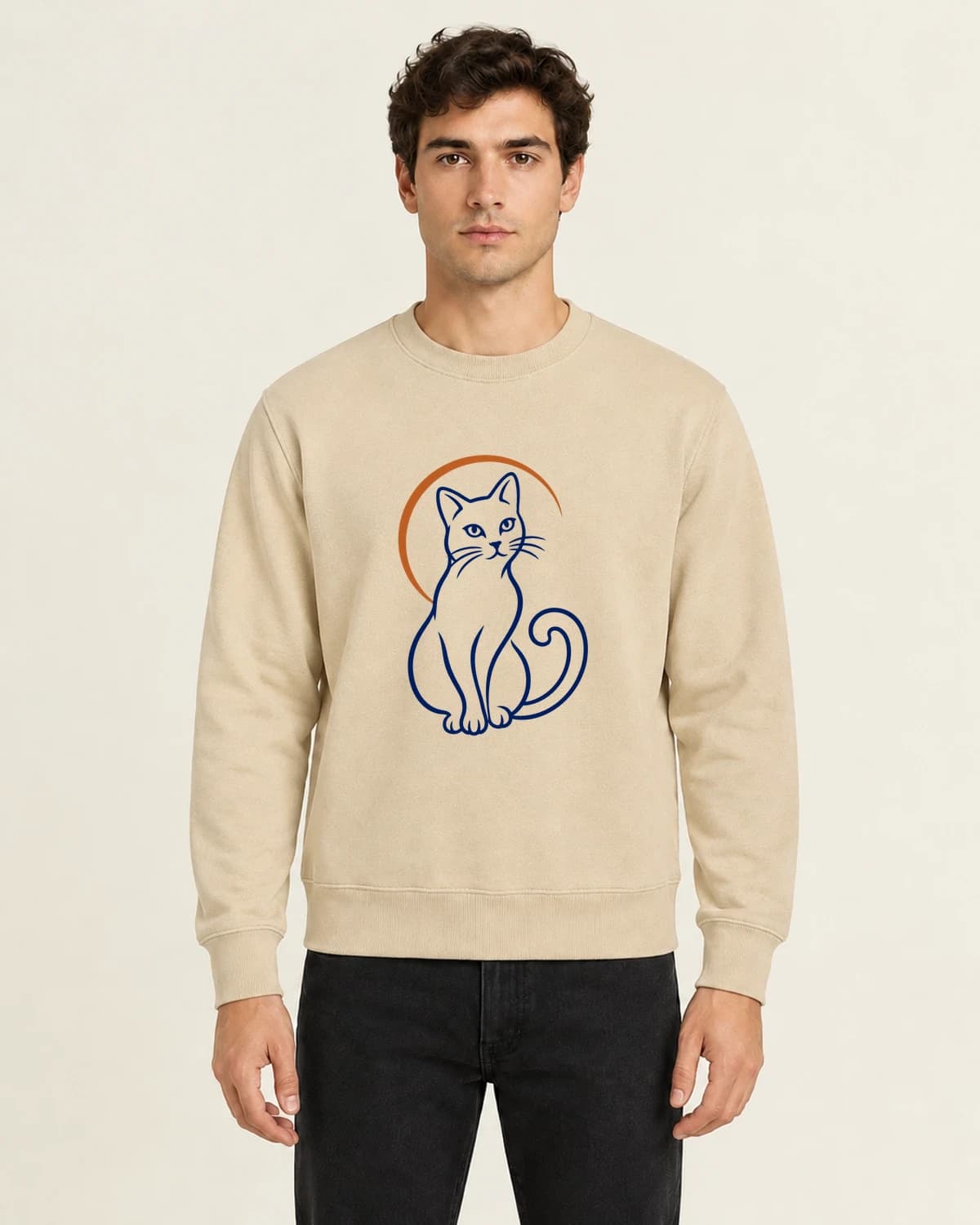 One Cat One Line, men's 260gsm Sand; illustrative styling
