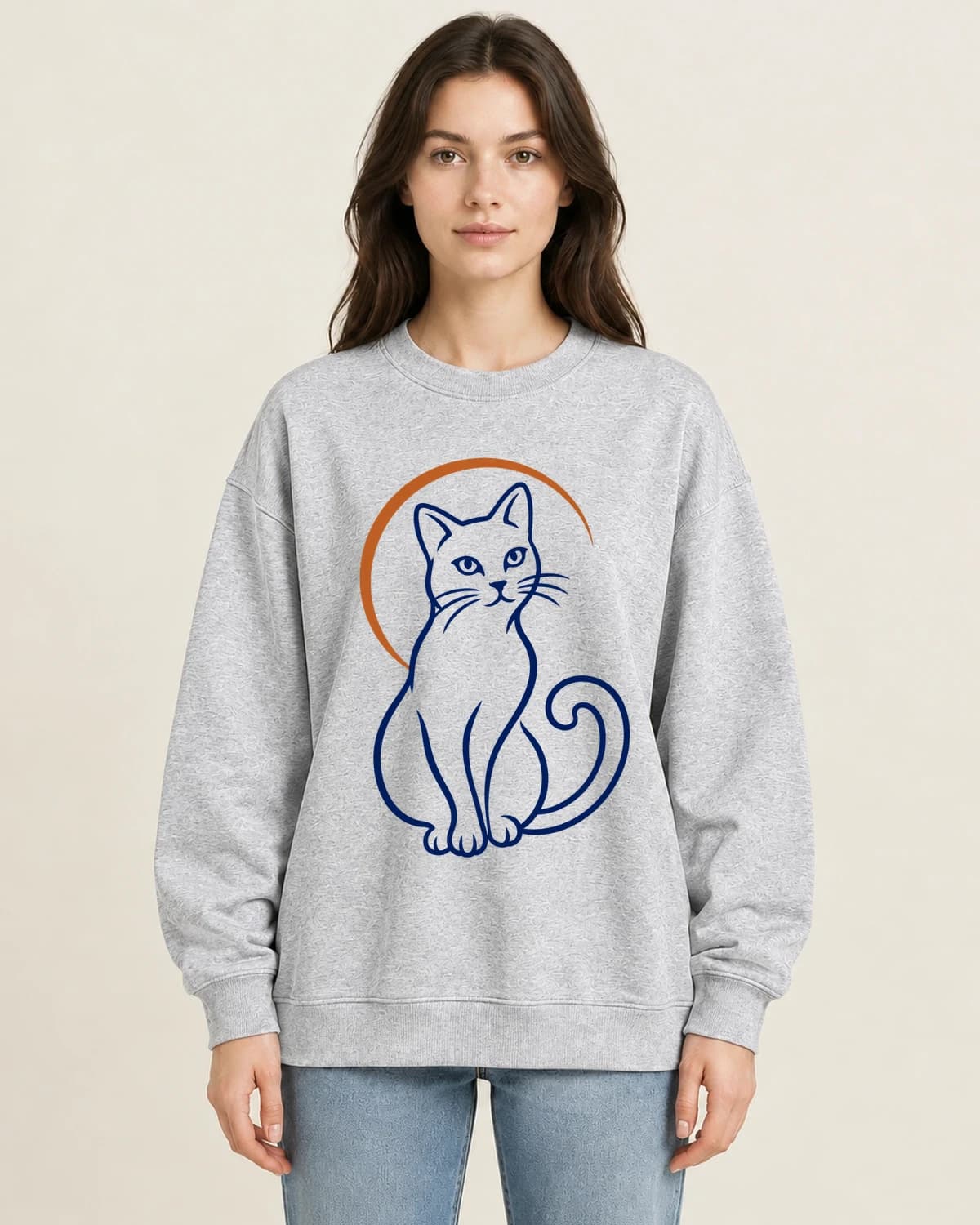 One Cat One Line on women's 220gsm Gray crewneck; illustrative styling