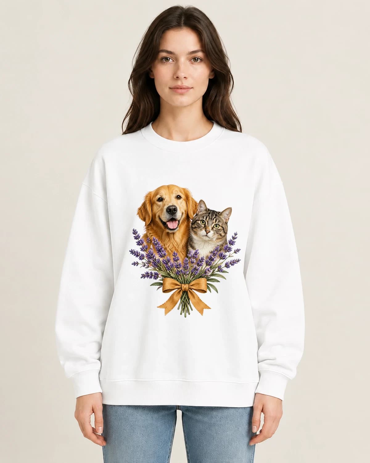 Mixed Company Botanical on women's 220gsm White crewneck; illustrative styling