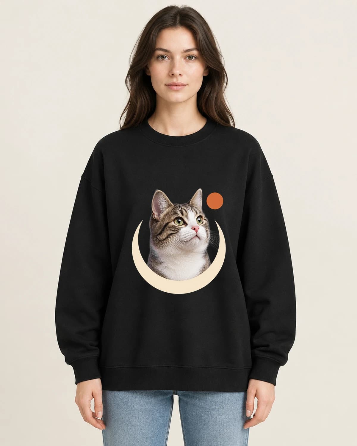 Moon Cat Tiny Portrait on women's 220gsm Black crewneck; illustrative styling