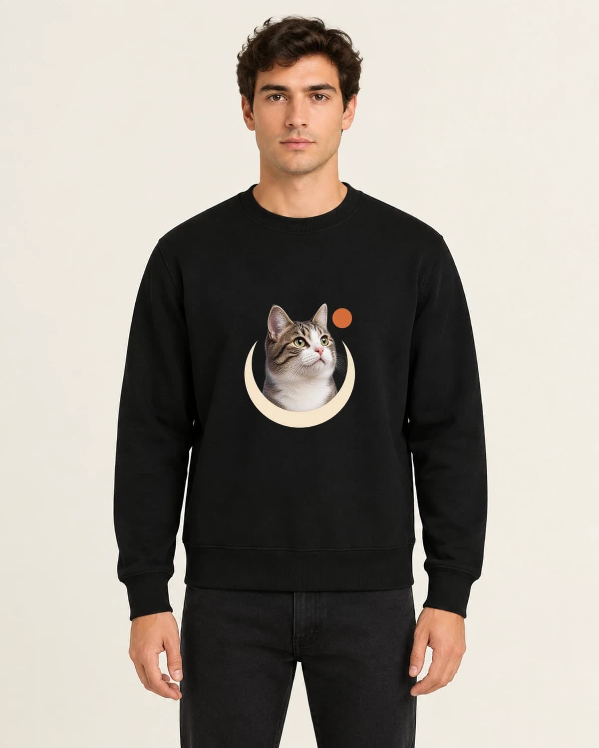 Moon Cat Tiny Portrait, men's 260gsm Black; illustrative styling