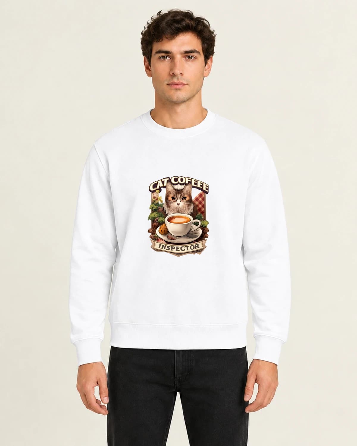 Cat Coffee Inspector, men's 260gsm White; illustrative styling