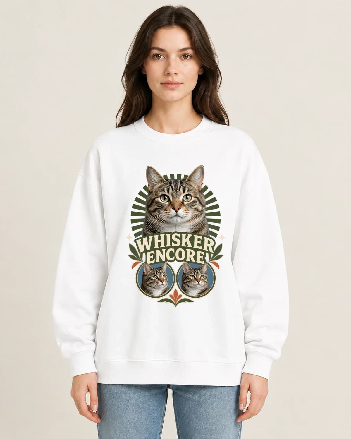 Cat Mom Photo Sweatshirts: Midnight Whisker Encore on women's crewneck; illustrative styling