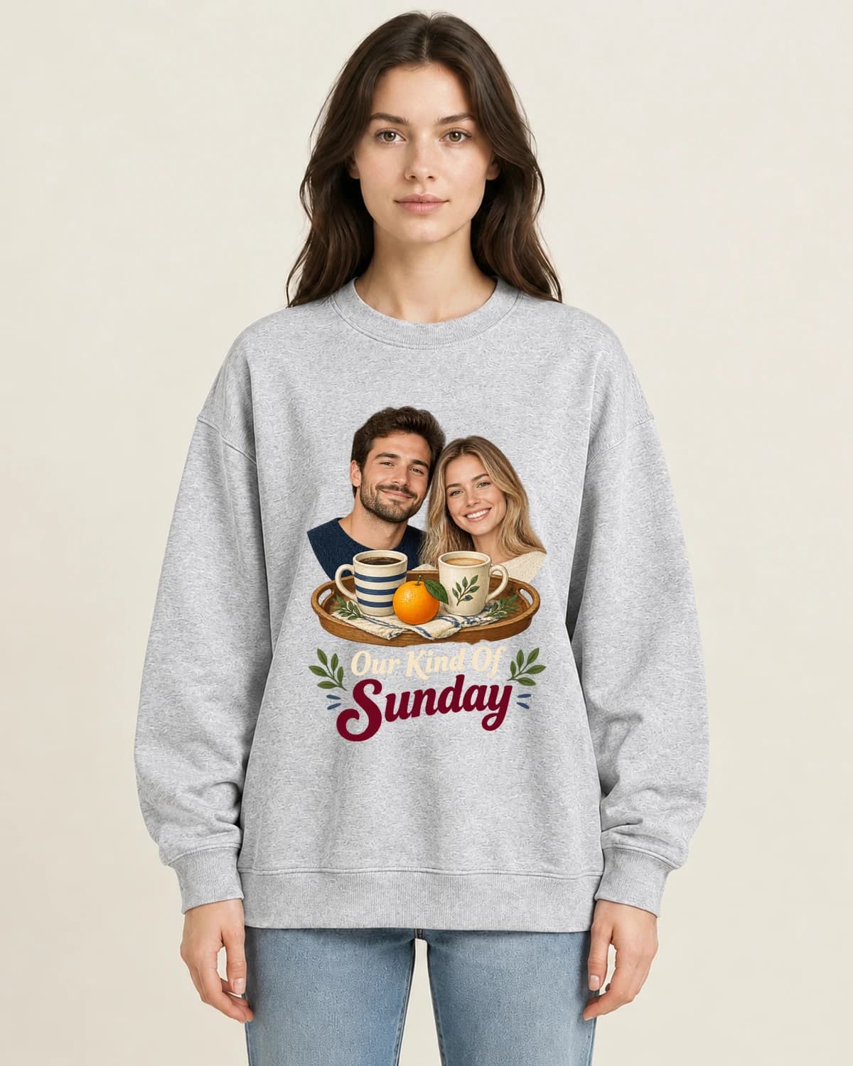 Our Kind Of Sunday on women's 220gsm Gray crewneck; illustrative styling