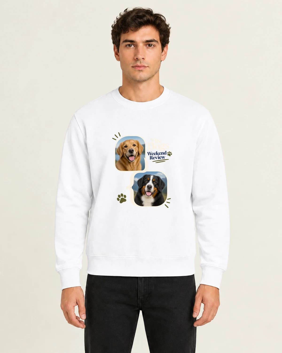 The Dogs Weekend Review, men's 260gsm White; illustrative styling