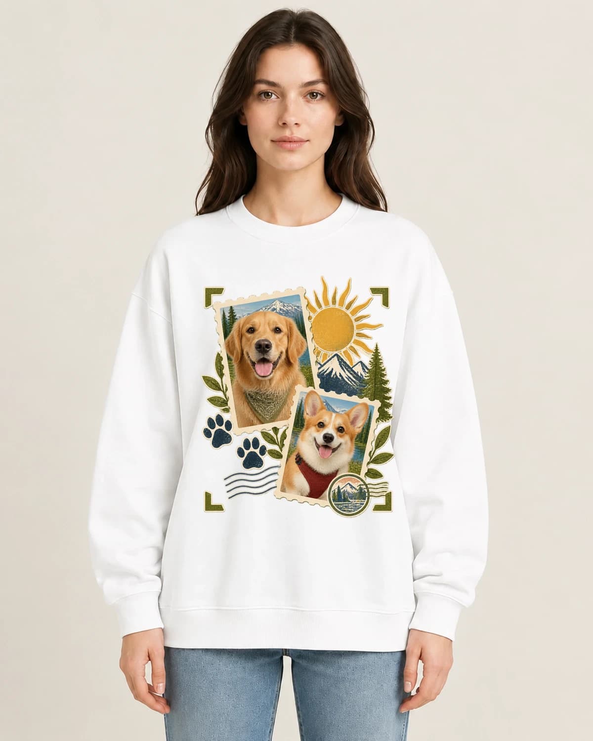 Dog Duo Memory Stamps on women's 220gsm White crewneck; illustrative styling