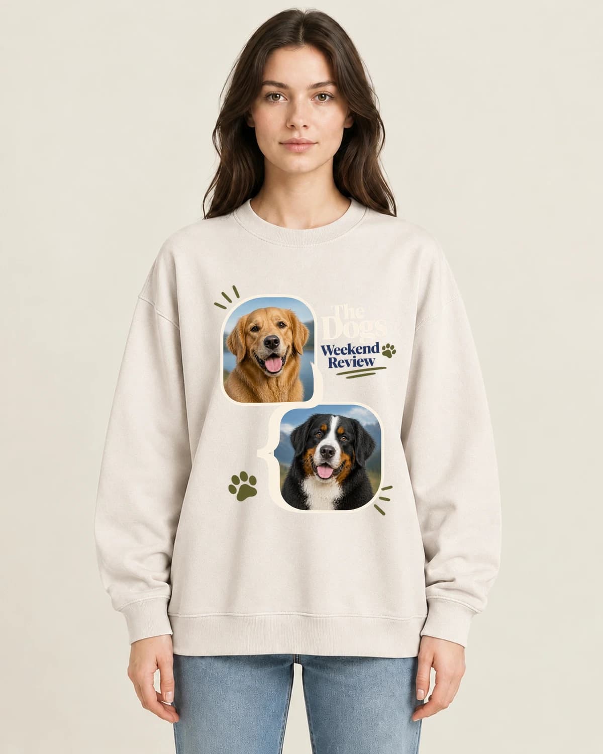 The Dogs Weekend Review on women's 220gsm Apricot crewneck; illustrative styling